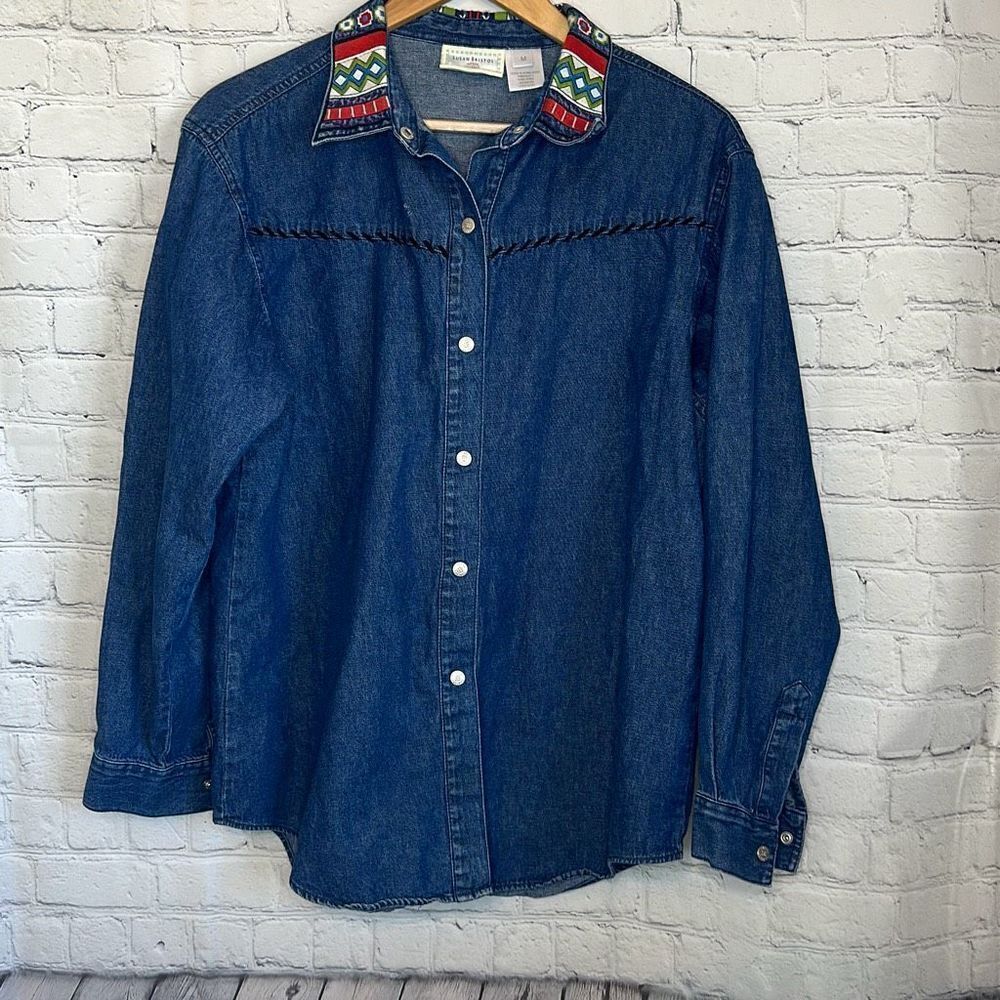 Vintage Susan Bristol Casuals size Medium Aztec Denim Jean Long Sleeve shirt
